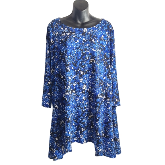 JM Collection Black Blue Stretch  Crewneck Shark Bite Hem Top Tunic Sz 3X NWT - Picture 1 of 12